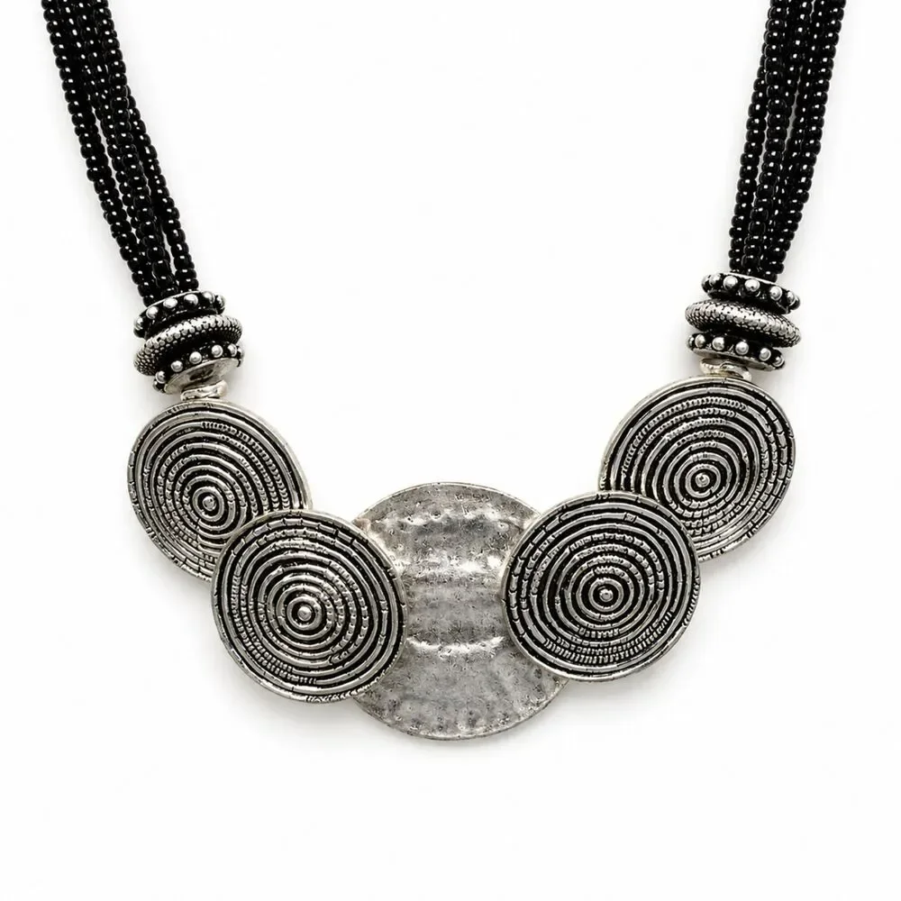 Chico's Sevilla Silver Tone Etched Medallions Black Seed Bead Necklace 20" - Picture 2 of 6